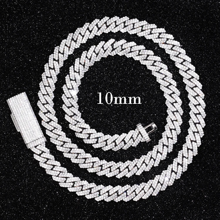 100% Pass Tester 18k Gold Plated 2rows VVS Moissanite 8mm-15mm Wide 925 Silver Cuban Link Chain for Hip Hop Rapper Jewelry
