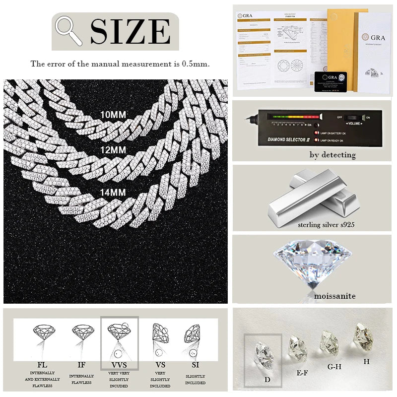 100% Pass Tester 18k Gold Plated 2rows VVS Moissanite 8mm-15mm Wide 925 Silver Cuban Link Chain for Hip Hop Rapper Jewelry