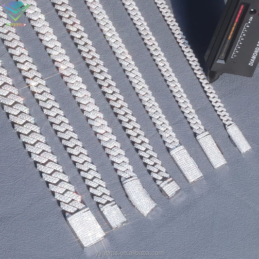 100% Pass Tester 18k Gold Plated 2rows VVS Moissanite 8mm-15mm Wide 925 Silver Cuban Link Chain for Hip Hop Rapper Jewelry