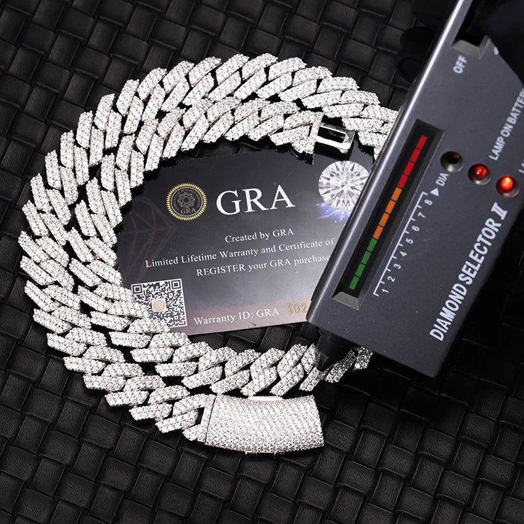 100% Pass Tester 18k Gold Plated 2rows VVS Moissanite 8mm-15mm Wide 925 Silver Cuban Link Chain for Hip Hop Rapper Jewelry