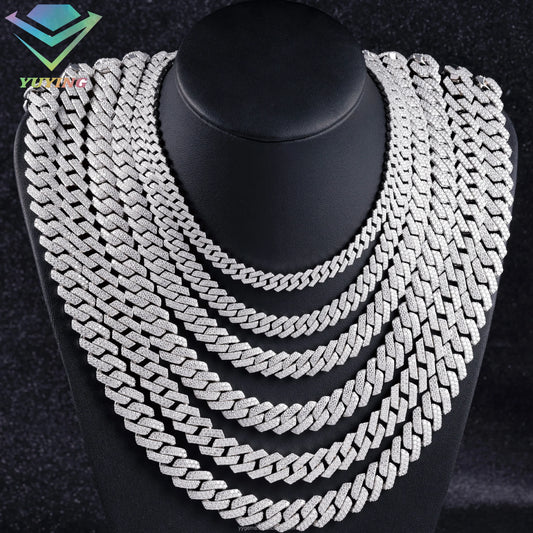 100% Pass Tester 18k Gold Plated 2rows VVS Moissanite 8mm-15mm Wide 925 Silver Cuban Link Chain for Hip Hop Rapper Jewelry