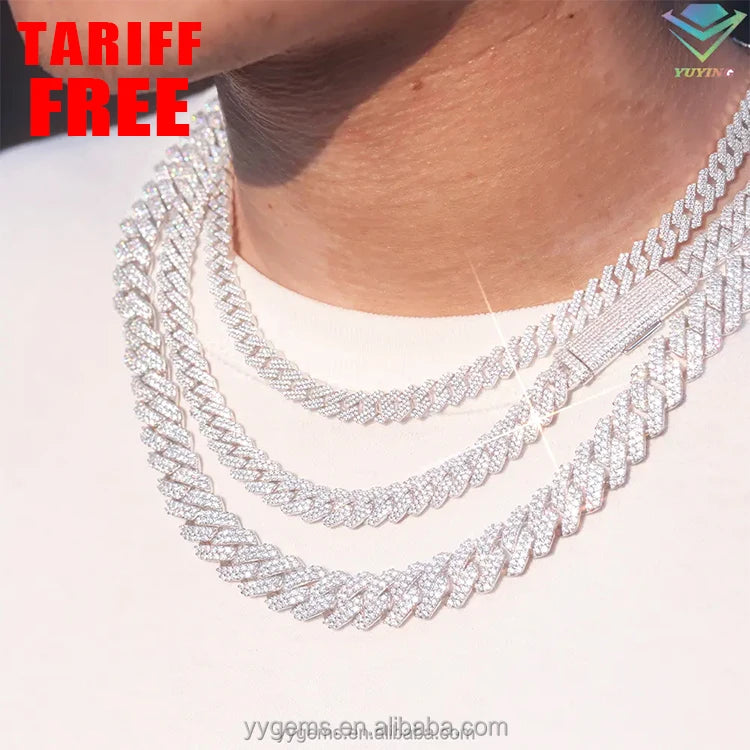 100% Pass Tester 18k Gold Plated 2rows VVS Moissanite 8mm-15mm Wide 925 Silver Cuban Link Chain for Hip Hop Rapper Jewelry