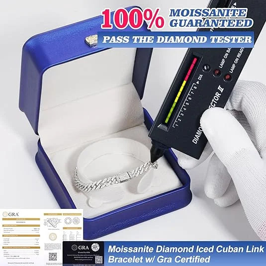 6mm White Gold 925 Sterling Silver VVS Moissanite Diamond Cuban Link Chain Bracelet Iced Out Mossanite Jewelry for Men Women